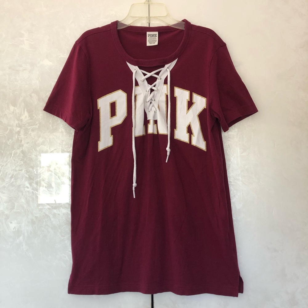 VS PINK Maroon Lace Front Logo Top